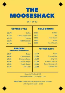 The Mooseshack menu page 1